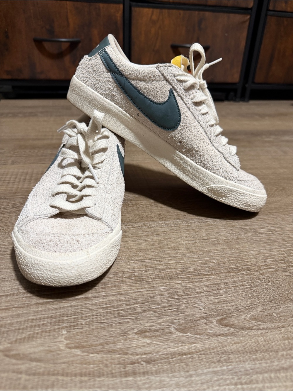 Nike Low-Top Suede Sneakers in Off-White with Teal Swoosh